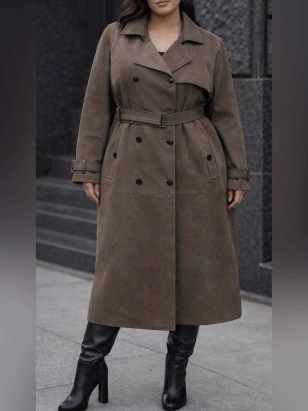 Ashley Graham|Brown Suede Double-Breasted full length Trench Coat,tie waist•NWT - Picture 3 of 17